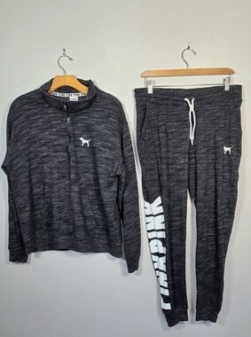 Victoria’s Secret PINK Marled Grey Jogger Set | Quarter-Zip & Joggers | Size M
